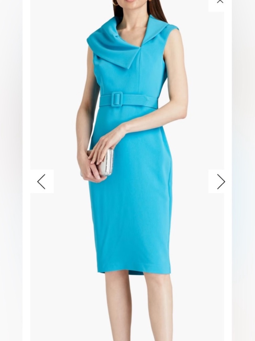 NWT Badgley Mischka Turquoise Blue Belted Portrait-Collar Sheath Dress Size 8